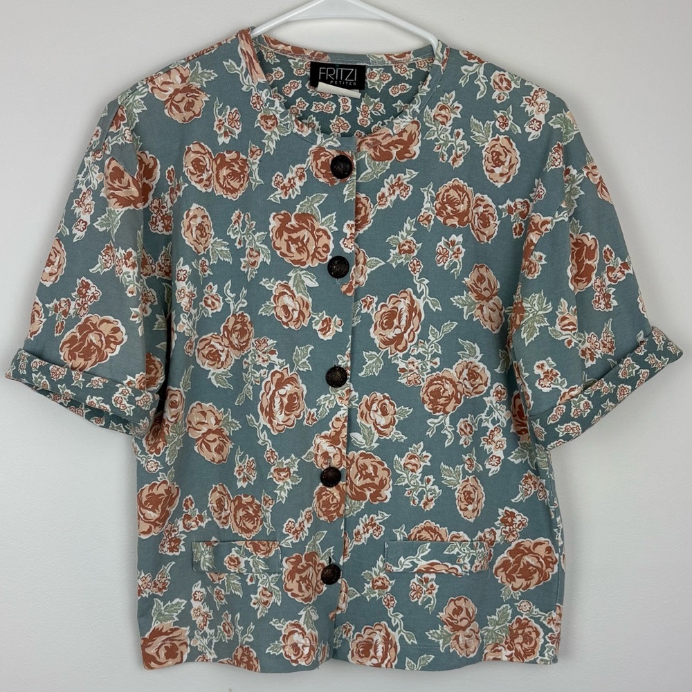 Vintage Fritzi Light Blue Floral Button-Down Blouse Cottagecore grandma sz Med